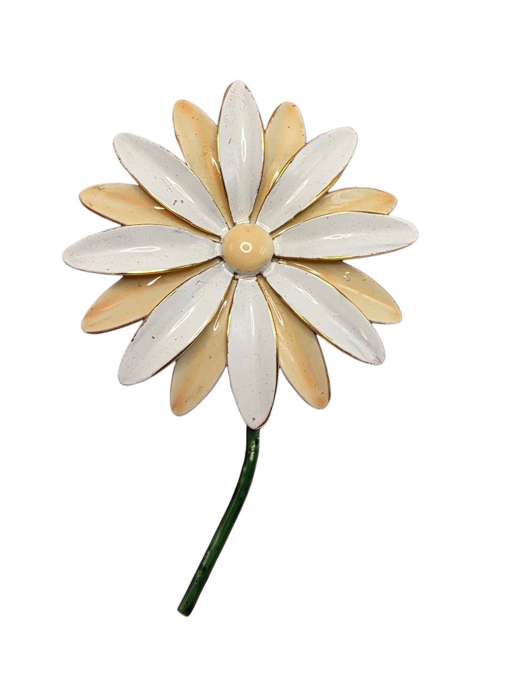 Vintage Signed Sandor Enamel Flower Brooch Pin White Yellow Daisy Green Stem